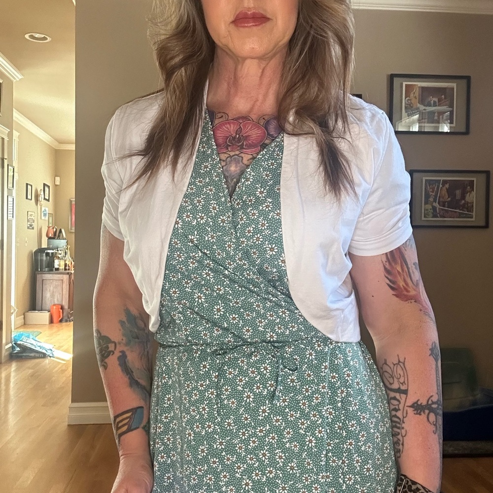 Green Floral Dress with White Shrug